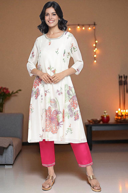 W for Woman Ecru Printed Chanderi A-line Kurta