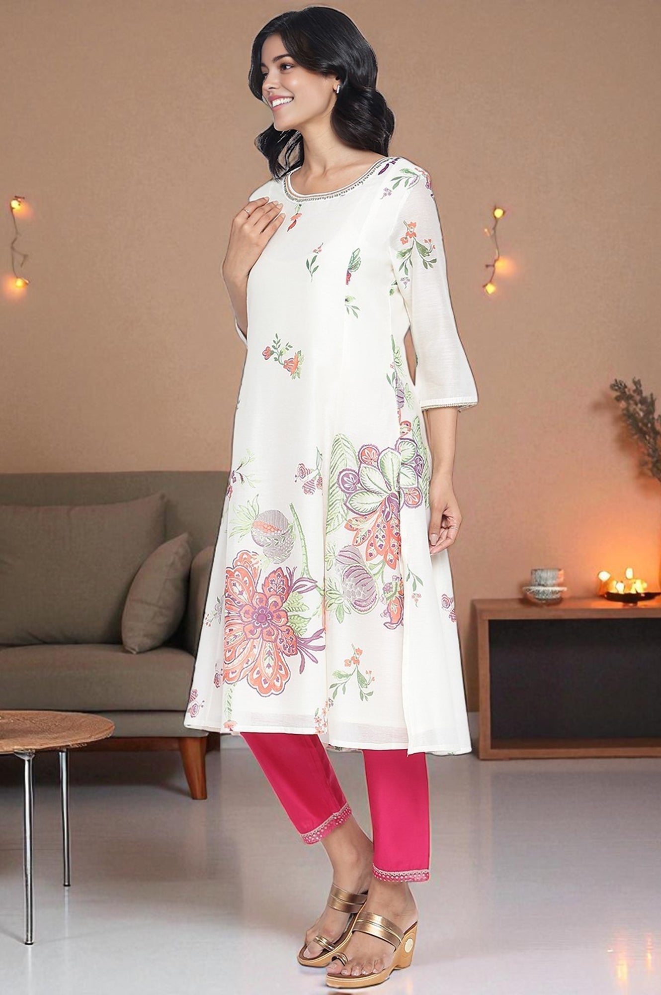 W for Woman Ecru Printed Chanderi A-line Kurta