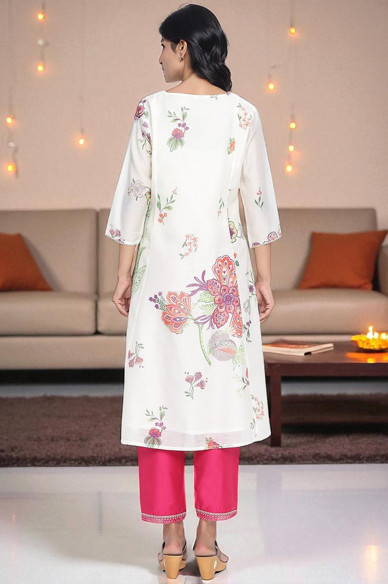 W for Woman Ecru Printed Chanderi A-line Kurta