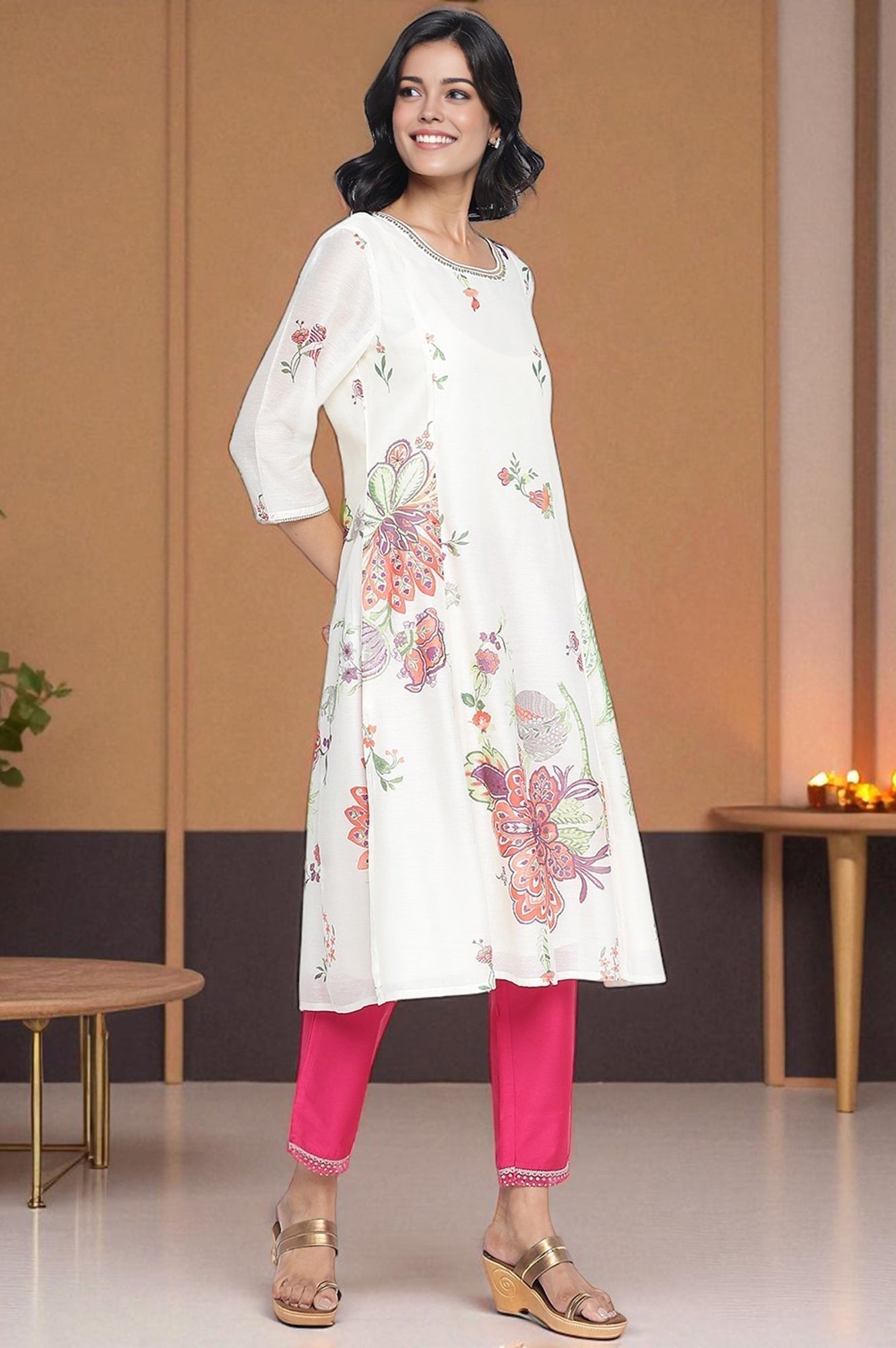 W for Woman Ecru Printed Chanderi A-line Kurta