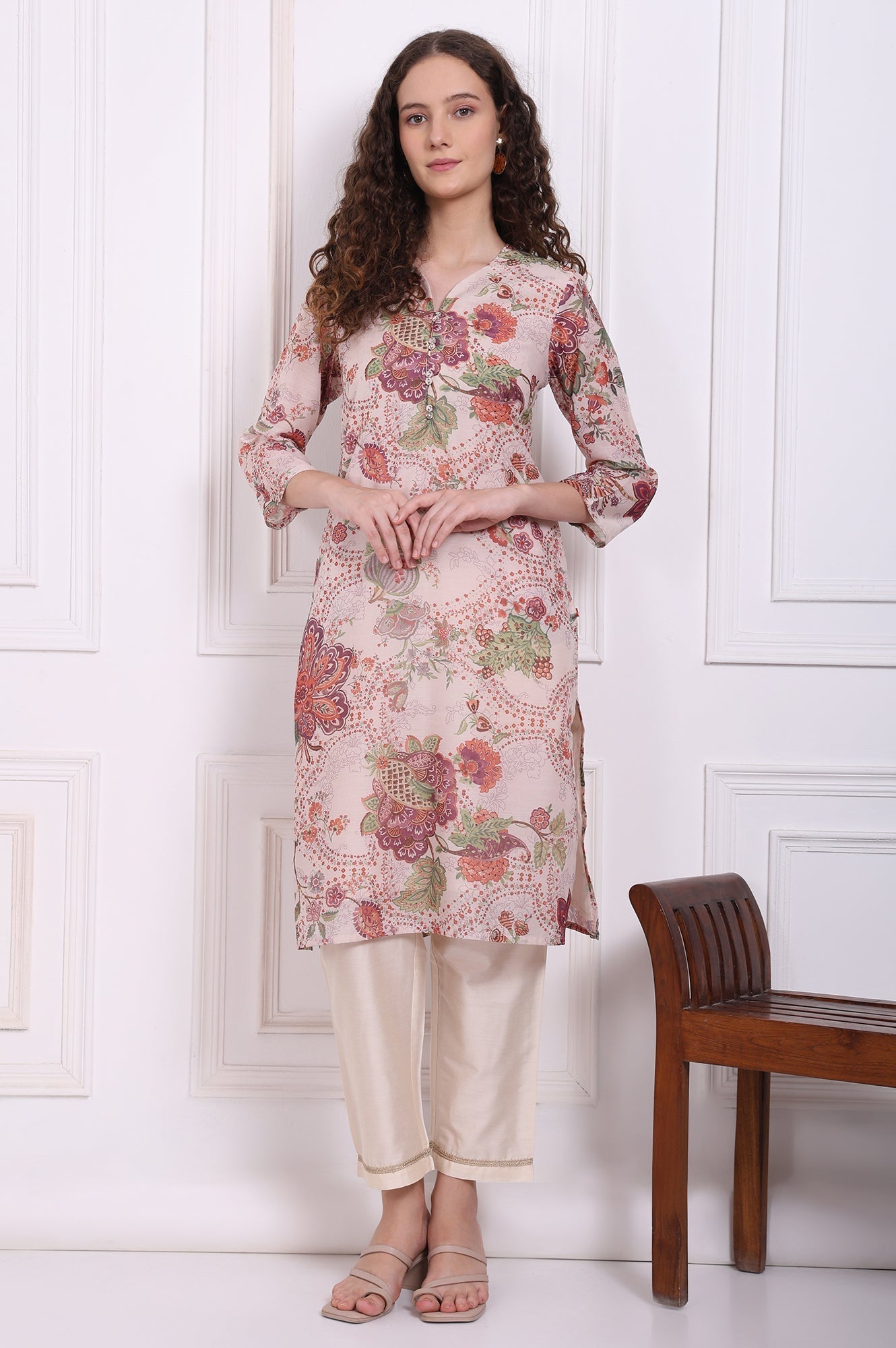 W for Woman Beige Floral Printed Chanderi Straight Kurta