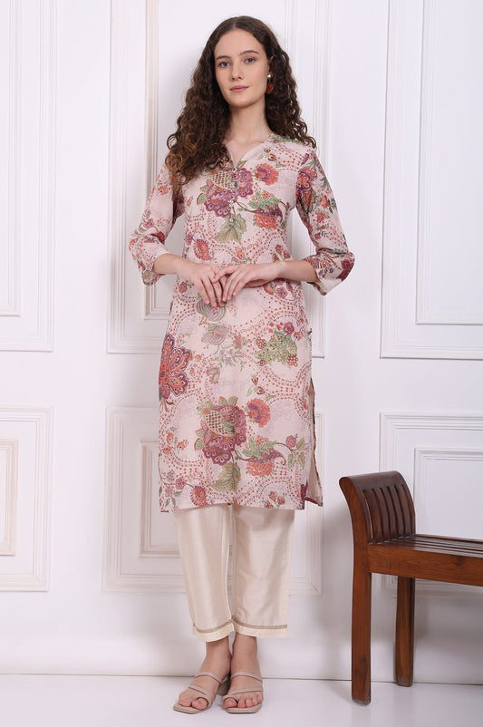W for Woman Beige Floral Printed Chanderi Straight Kurta