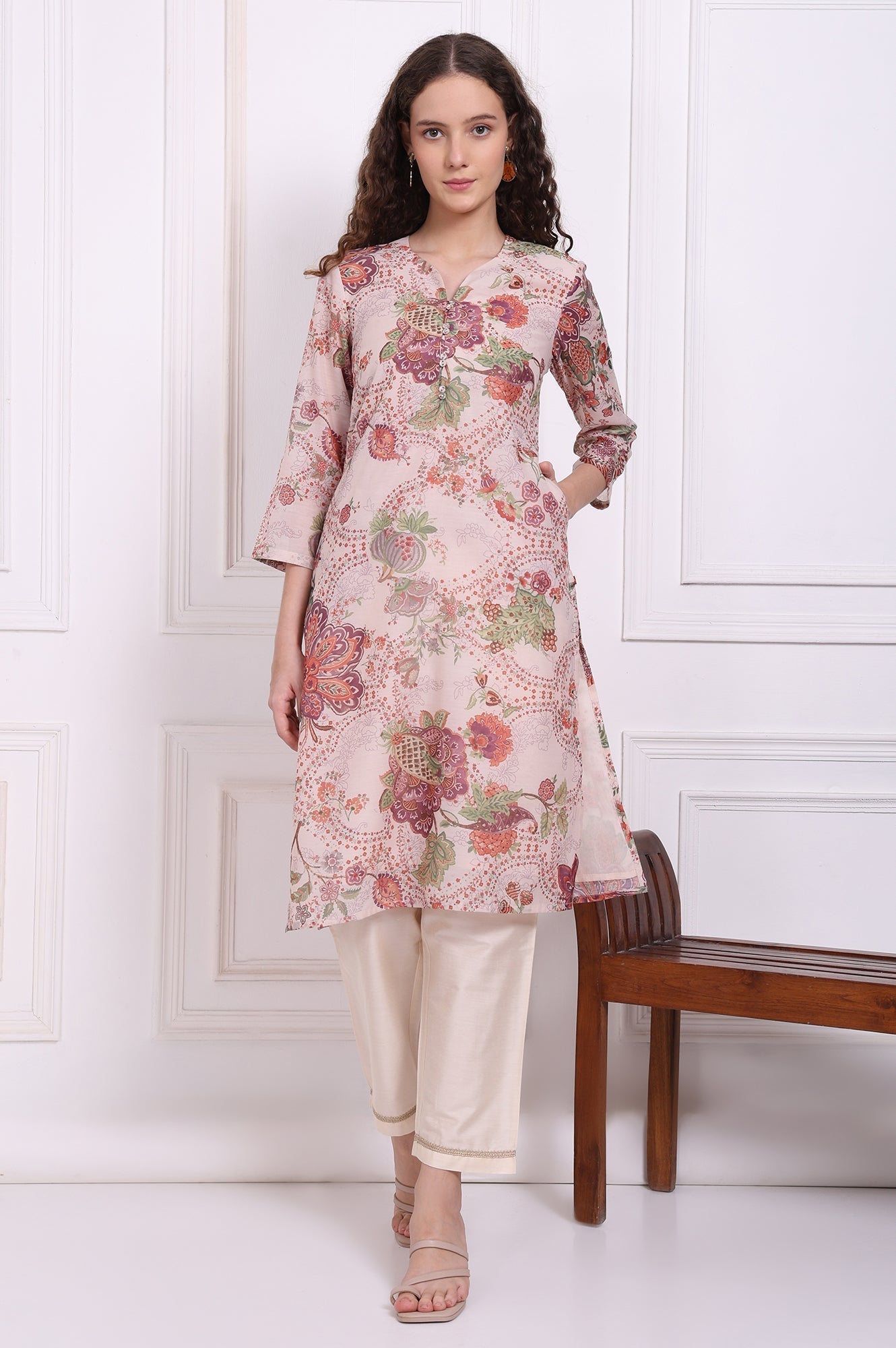 W for Woman Beige Floral Printed Chanderi Straight Kurta