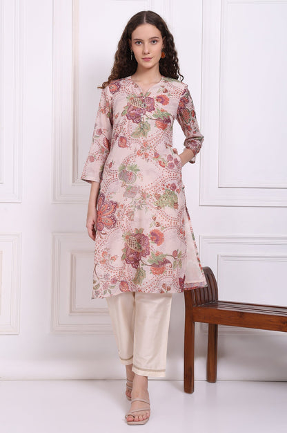 W for Woman Beige Floral Printed Chanderi Straight Kurta