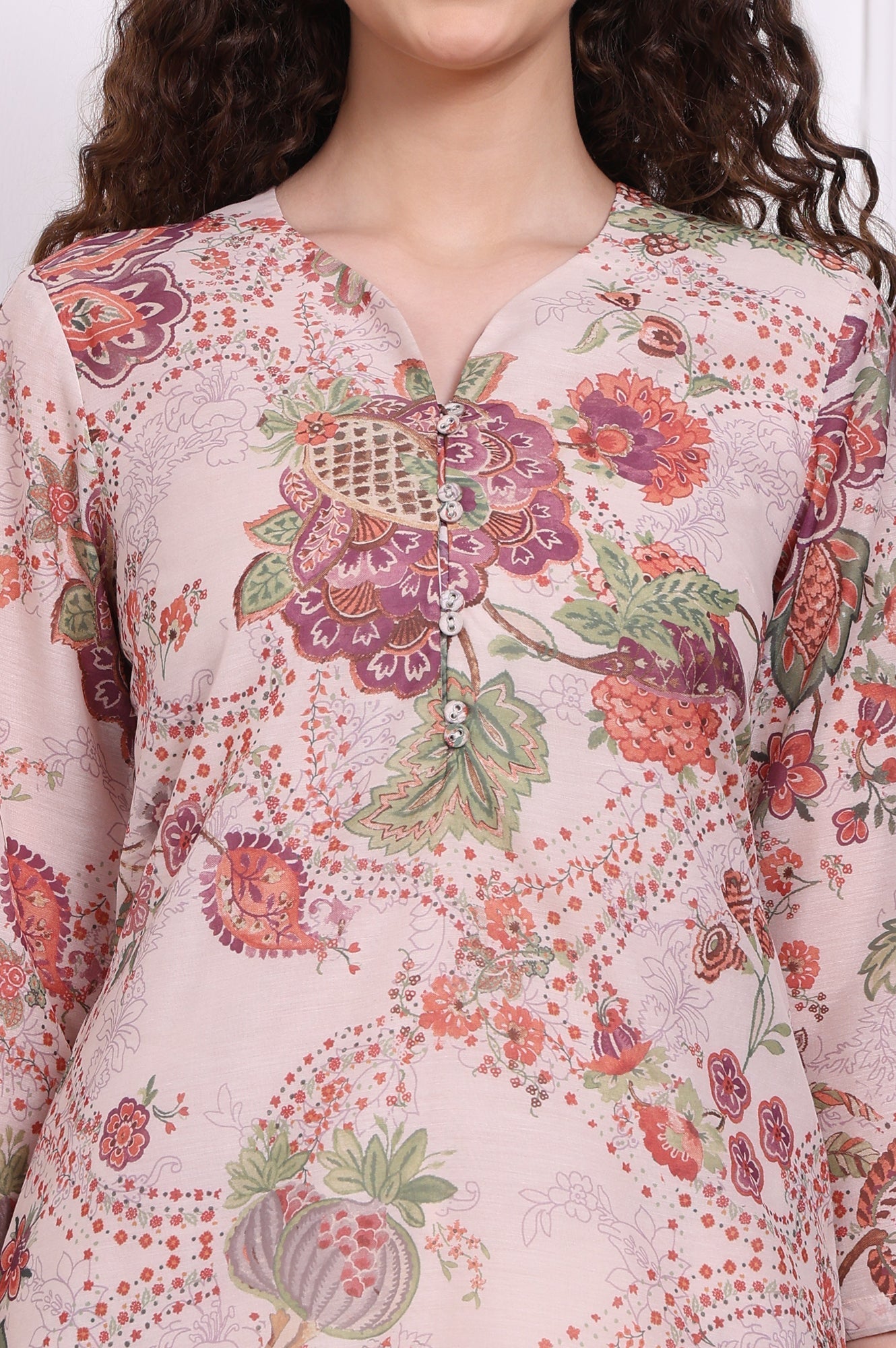 W for Woman Beige Floral Printed Chanderi Straight Kurta