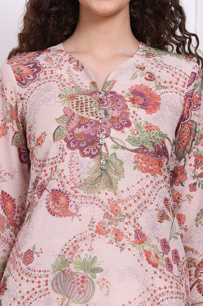 W for Woman Beige Floral Printed Chanderi Straight Kurta