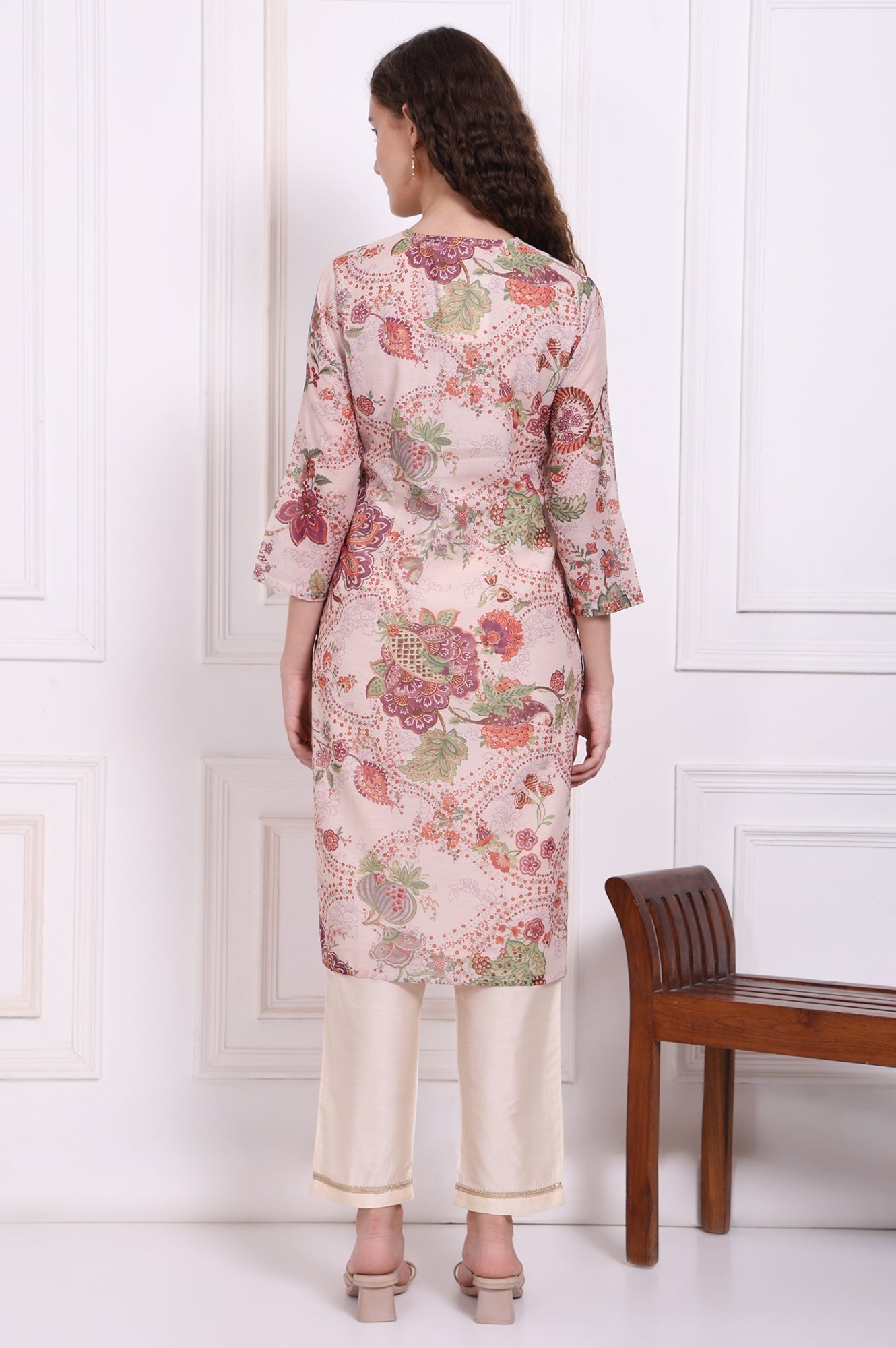 W for Woman Beige Floral Printed Chanderi Straight Kurta