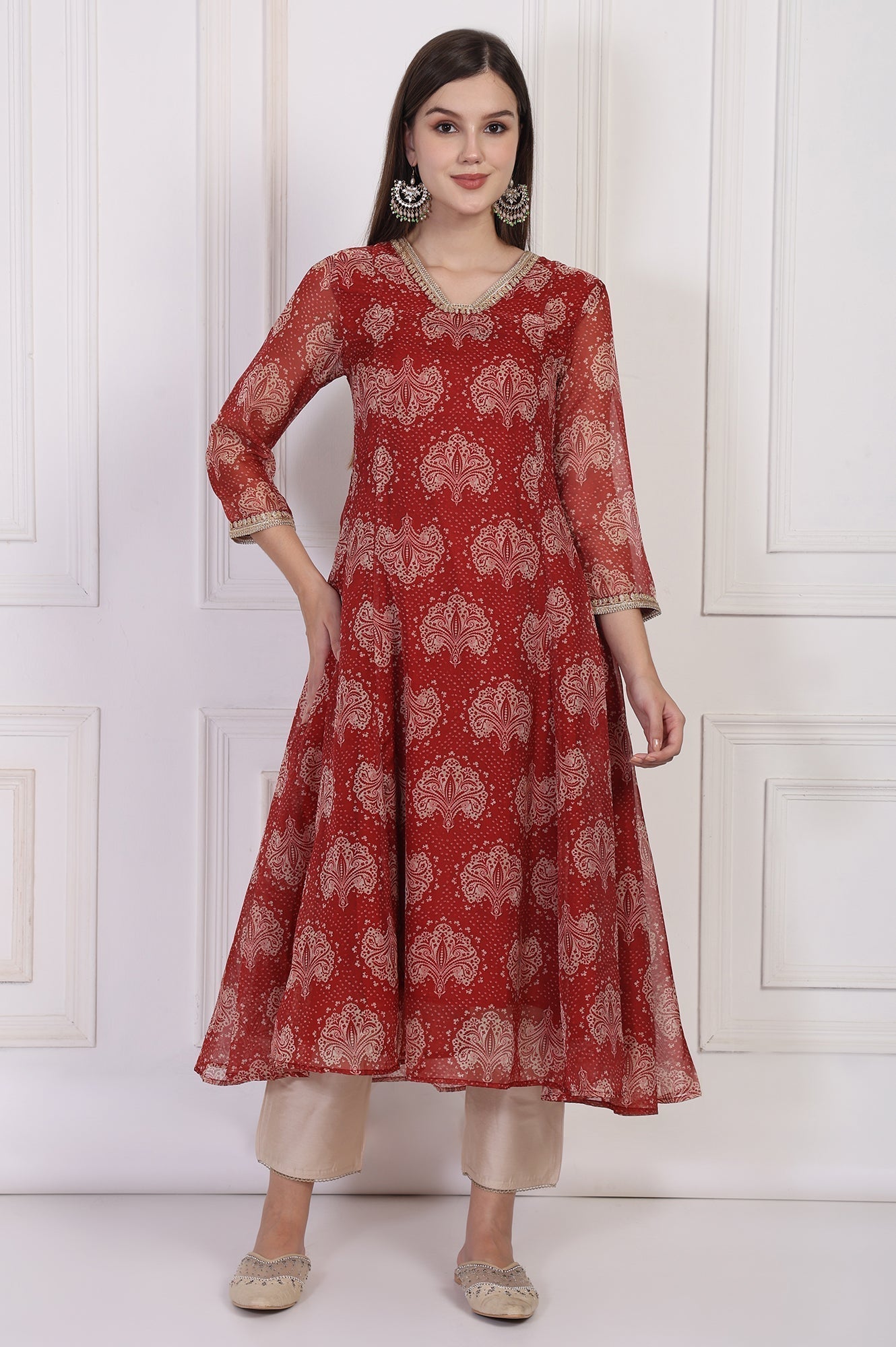 W for Woman Maroon Ethnic Motifs Printed Zari Work Flared Organza Kurta