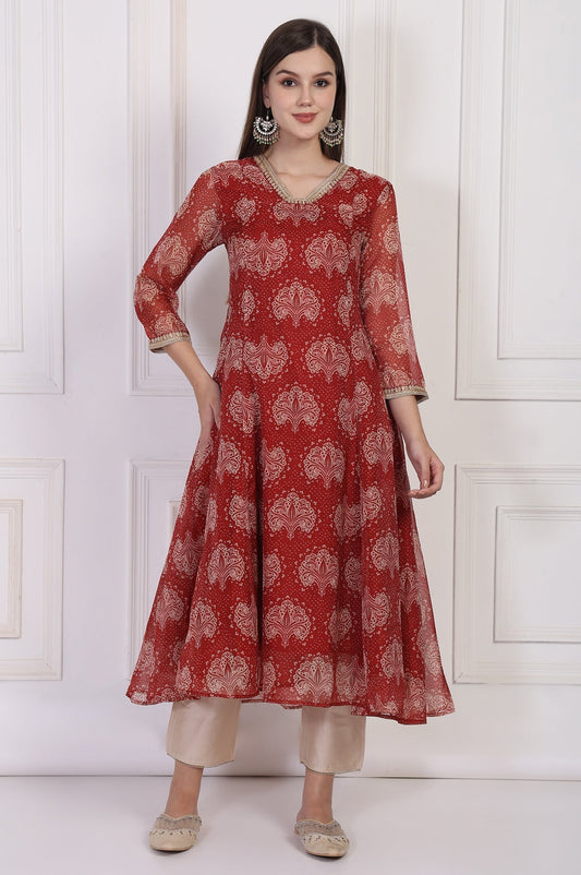 W for Woman Maroon Ethnic Motifs Printed Zari Work Flared Organza Kurta