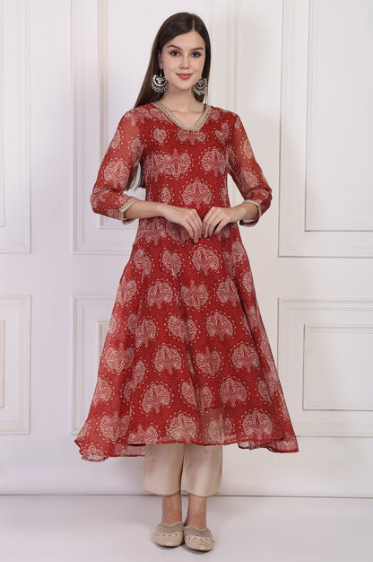 W for Woman Maroon Ethnic Motifs Printed Zari Work Flared Organza Kurta