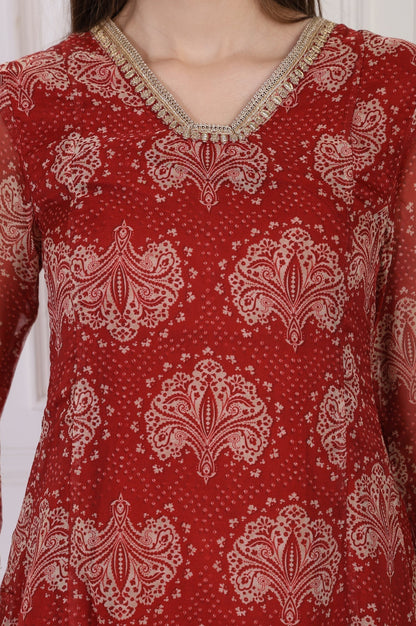 W for Woman Maroon Ethnic Motifs Printed Zari Work Flared Organza Kurta