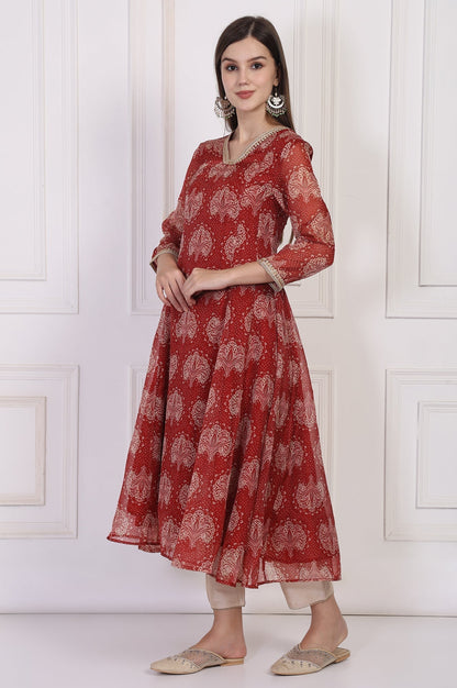 W for Woman Maroon Ethnic Motifs Printed Zari Work Flared Organza Kurta