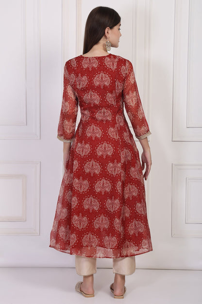 W for Woman Maroon Ethnic Motifs Printed Zari Work Flared Organza Kurta