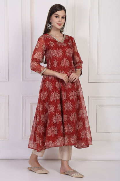 W for Woman Maroon Ethnic Motifs Printed Zari Work Flared Organza Kurta
