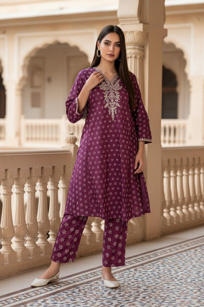 W for Woman Purple Floral Print Embroidered Straight Silk Kurta