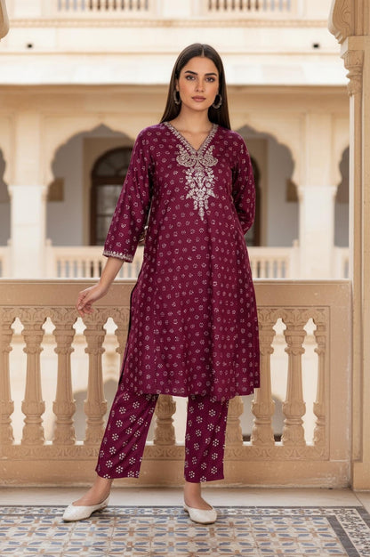 W for Woman Purple Floral Print Embroidered Straight Silk Kurta