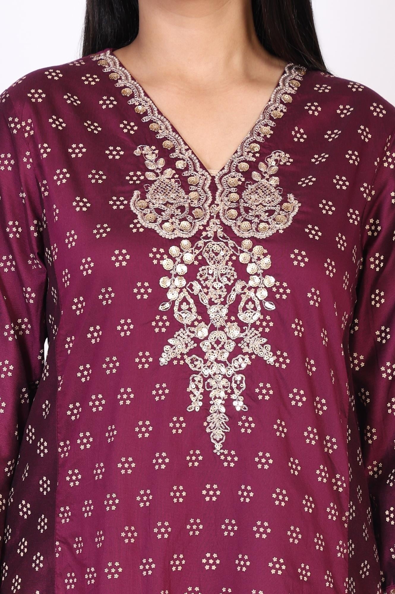 W for Woman Purple Floral Print Embroidered Straight Silk Kurta