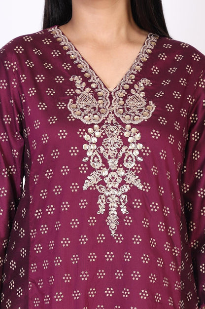 W for Woman Purple Floral Print Embroidered Straight Silk Kurta