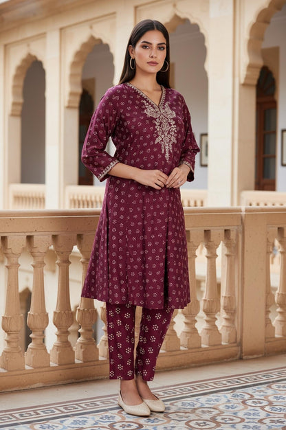 W for Woman Purple Floral Print Embroidered Straight Silk Kurta