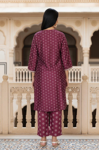 W for Woman Purple Floral Print Embroidered Straight Silk Kurta
