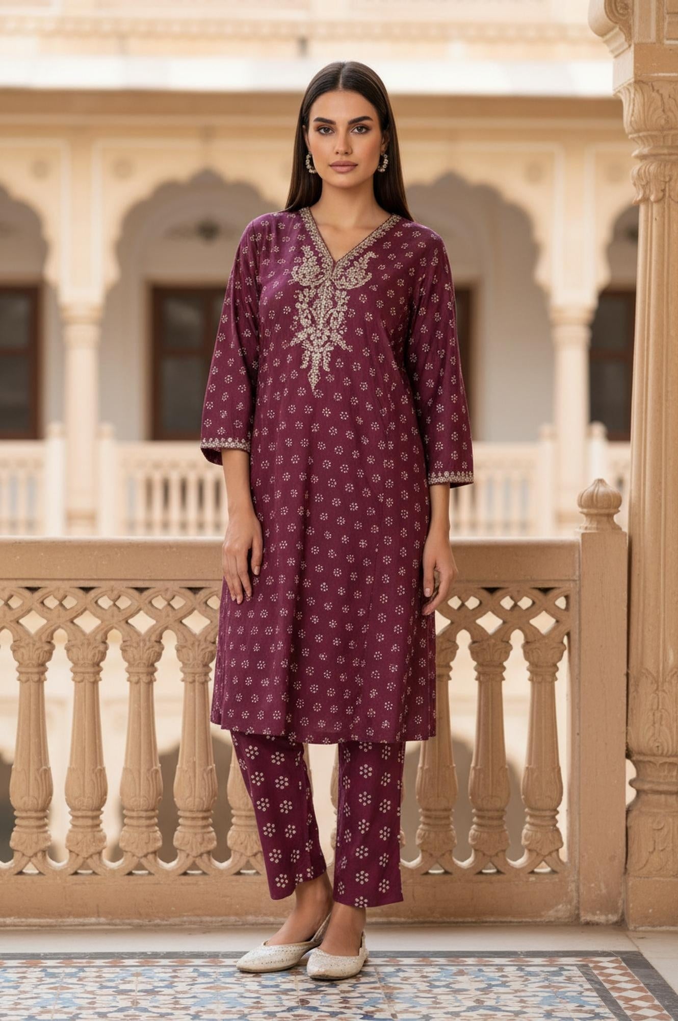 W for Woman Purple Floral Print Embroidered Straight Silk Kurta
