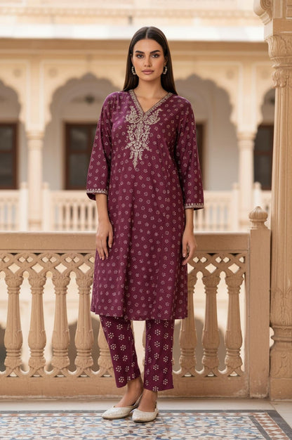 W for Woman Purple Floral Print Embroidered Straight Silk Kurta