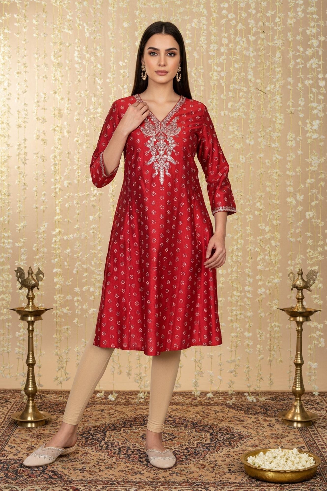 W for Woman Red Floral Print Embroidered Straight Silk Kurta