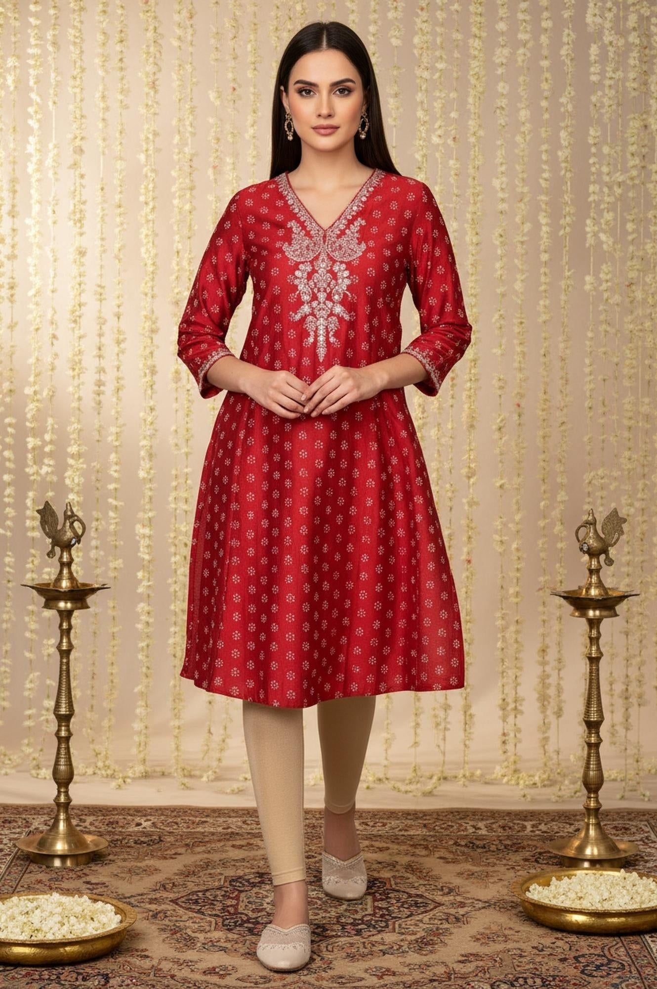 W for Woman Red Floral Print Embroidered Straight Silk Kurta
