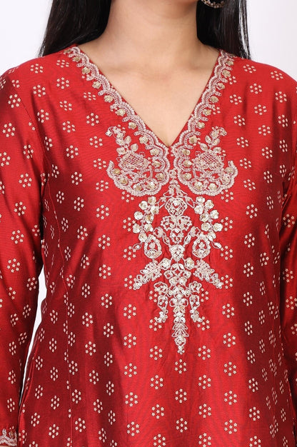 W for Woman Red Floral Print Embroidered Straight Silk Kurta