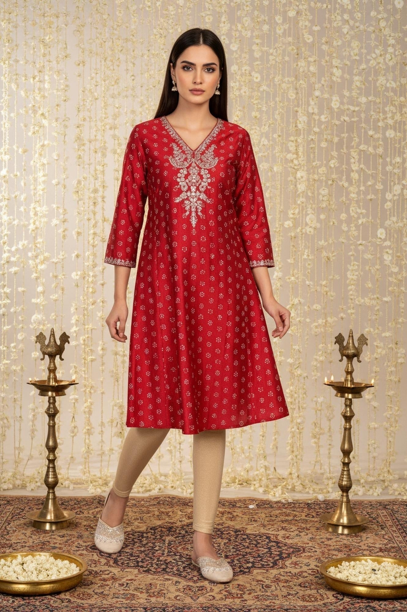 W for Woman Red Floral Print Embroidered Straight Silk Kurta