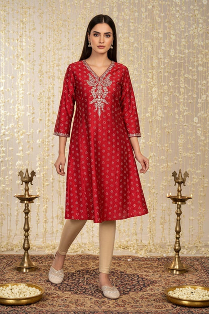 W for Woman Red Floral Print Embroidered Straight Silk Kurta