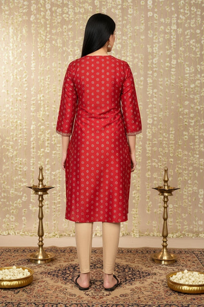 W for Woman Red Floral Print Embroidered Straight Silk Kurta