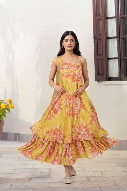 W for Woman Yellow Ethnic Motifs Zari Fit and Flare Tissue Dress