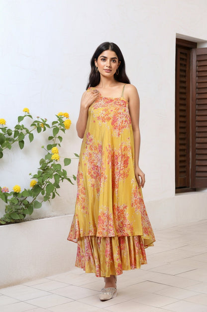 W for Woman Yellow Ethnic Motifs Zari Fit and Flare Tissue Dress