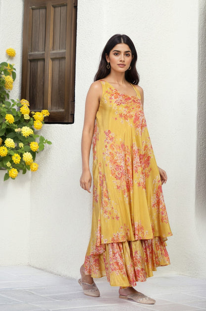 W for Woman Yellow Ethnic Motifs Zari Fit and Flare Tissue Dress
