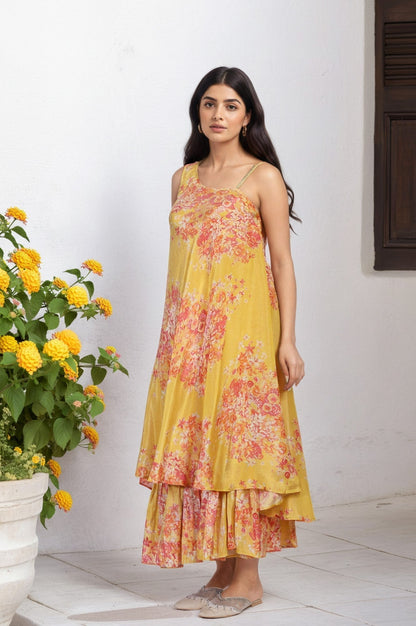 W for Woman Yellow Ethnic Motifs Zari Fit and Flare Tissue Dress
