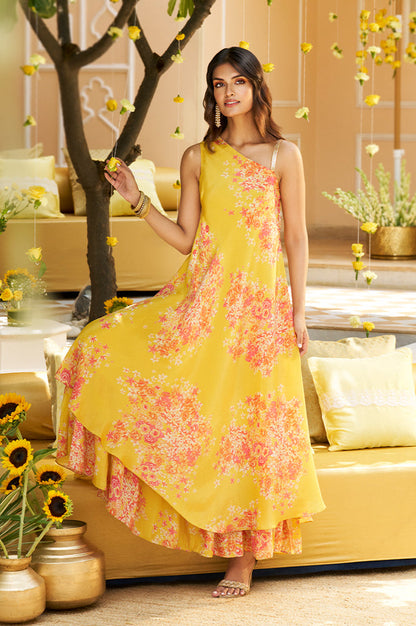 W for Woman Yellow Ethnic Motifs Zari Fit and Flare Tissue Dress
