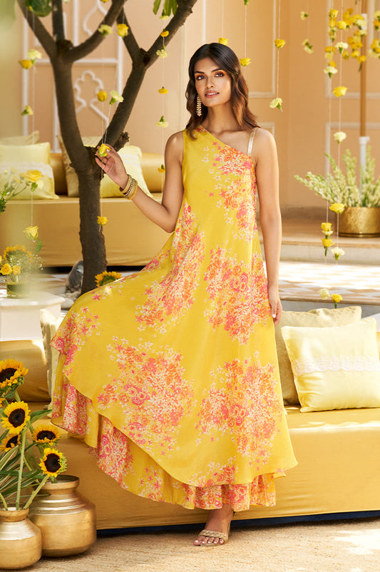 W for Woman Yellow Ethnic Motifs Zari Fit and Flare Tissue Dress