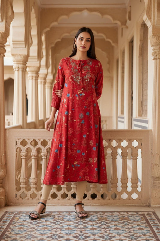 W for Woman Red Floral Print Embroidered Sequined A-Line Shantung Kurta