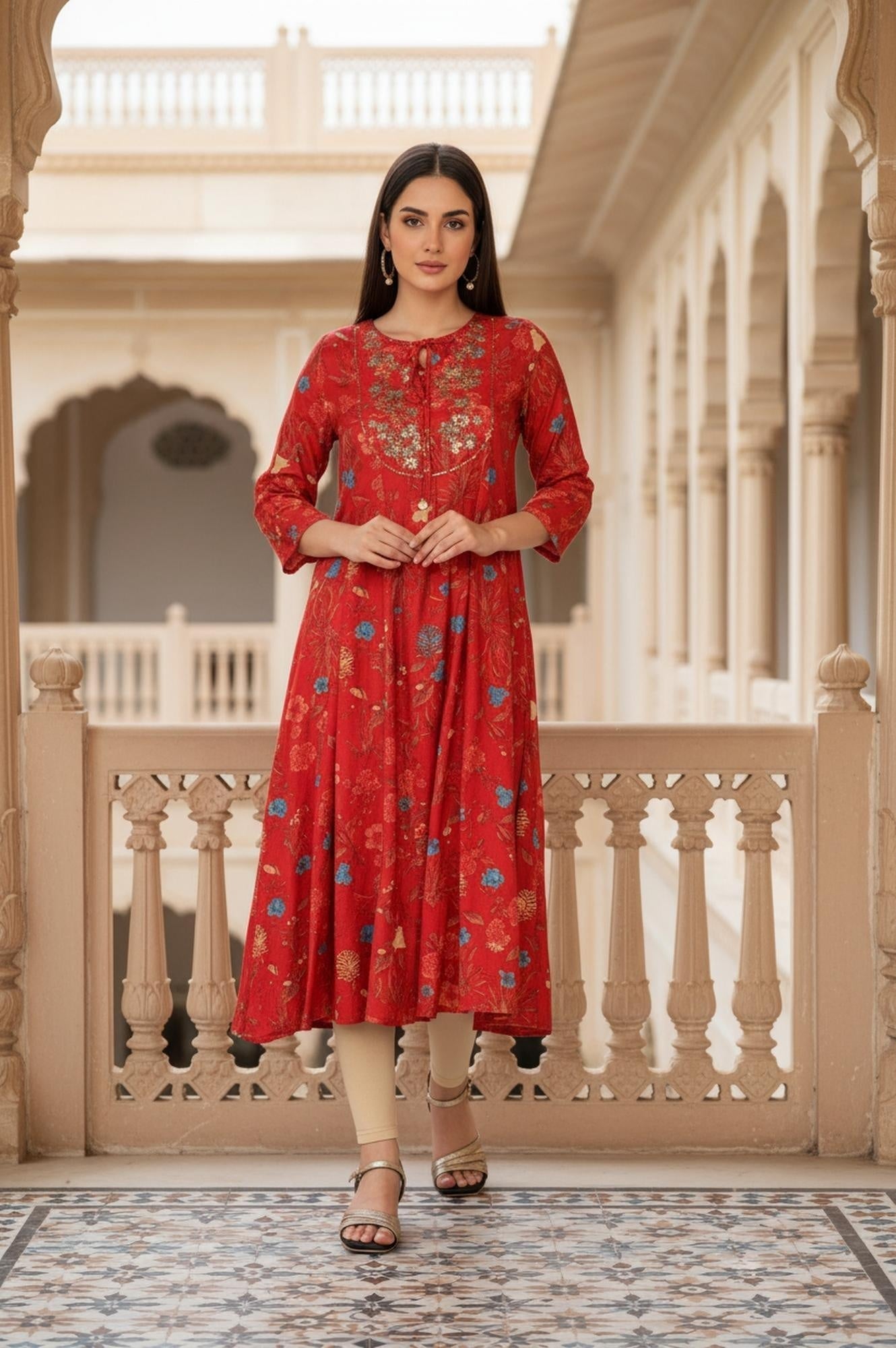 W for Woman Red Floral Print Embroidered Sequined A-Line Shantung Kurta
