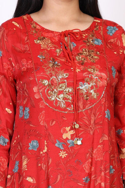 W for Woman Red Floral Print Embroidered Sequined A-Line Shantung Kurta