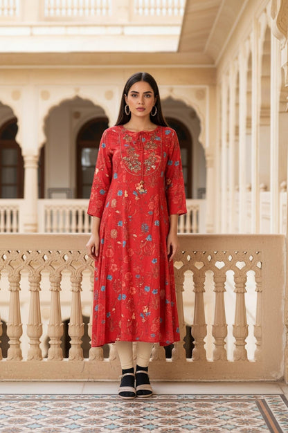W for Woman Red Floral Print Embroidered Sequined A-Line Shantung Kurta