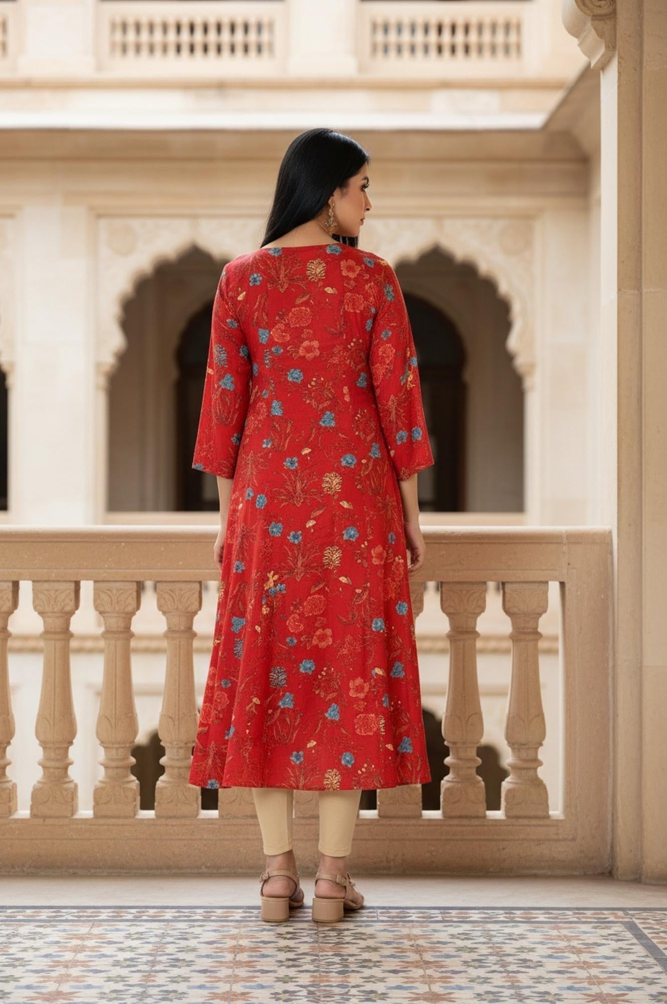 W for Woman Red Floral Print Embroidered Sequined A-Line Shantung Kurta