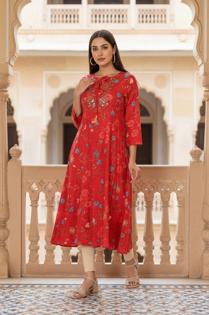 W for Woman Red Floral Print Embroidered Sequined A-Line Shantung Kurta