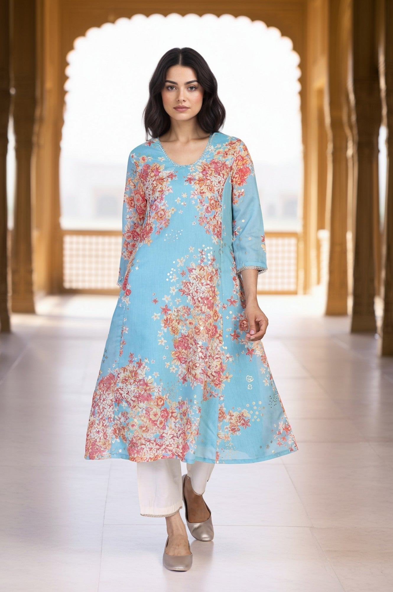 W for Woman Turquoise Blue Floral Print Tape A-Line Chanderi Kurta