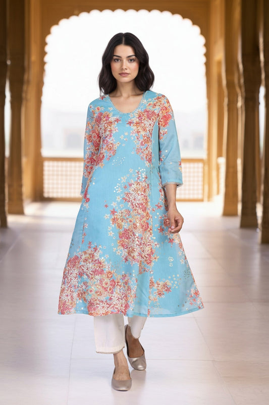 W for Woman Turquoise Blue Floral Print Tape A-Line Chanderi Kurta