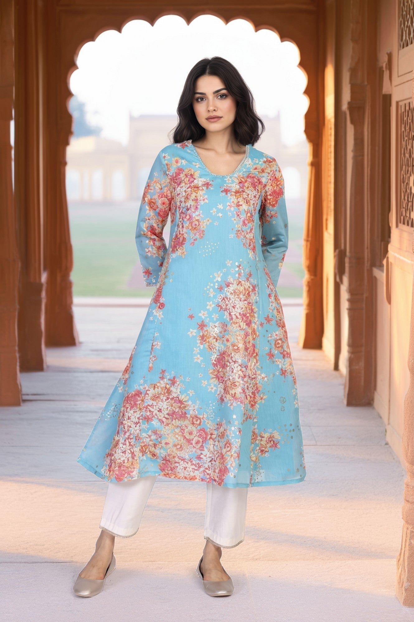 W for Woman Turquoise Blue Floral Print Tape A-Line Chanderi Kurta