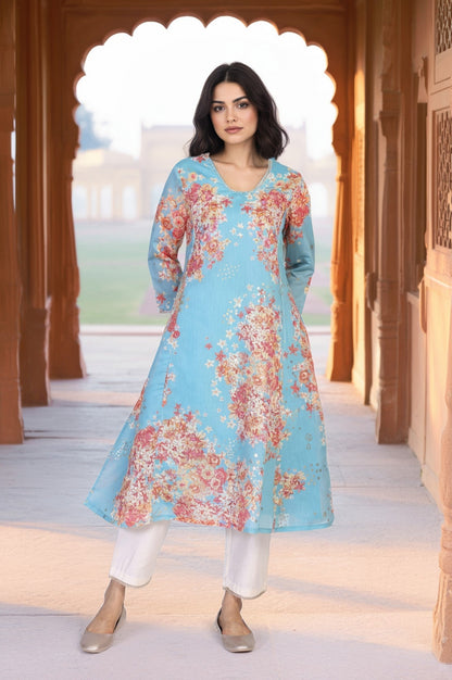 W for Woman Turquoise Blue Floral Print Tape A-Line Chanderi Kurta