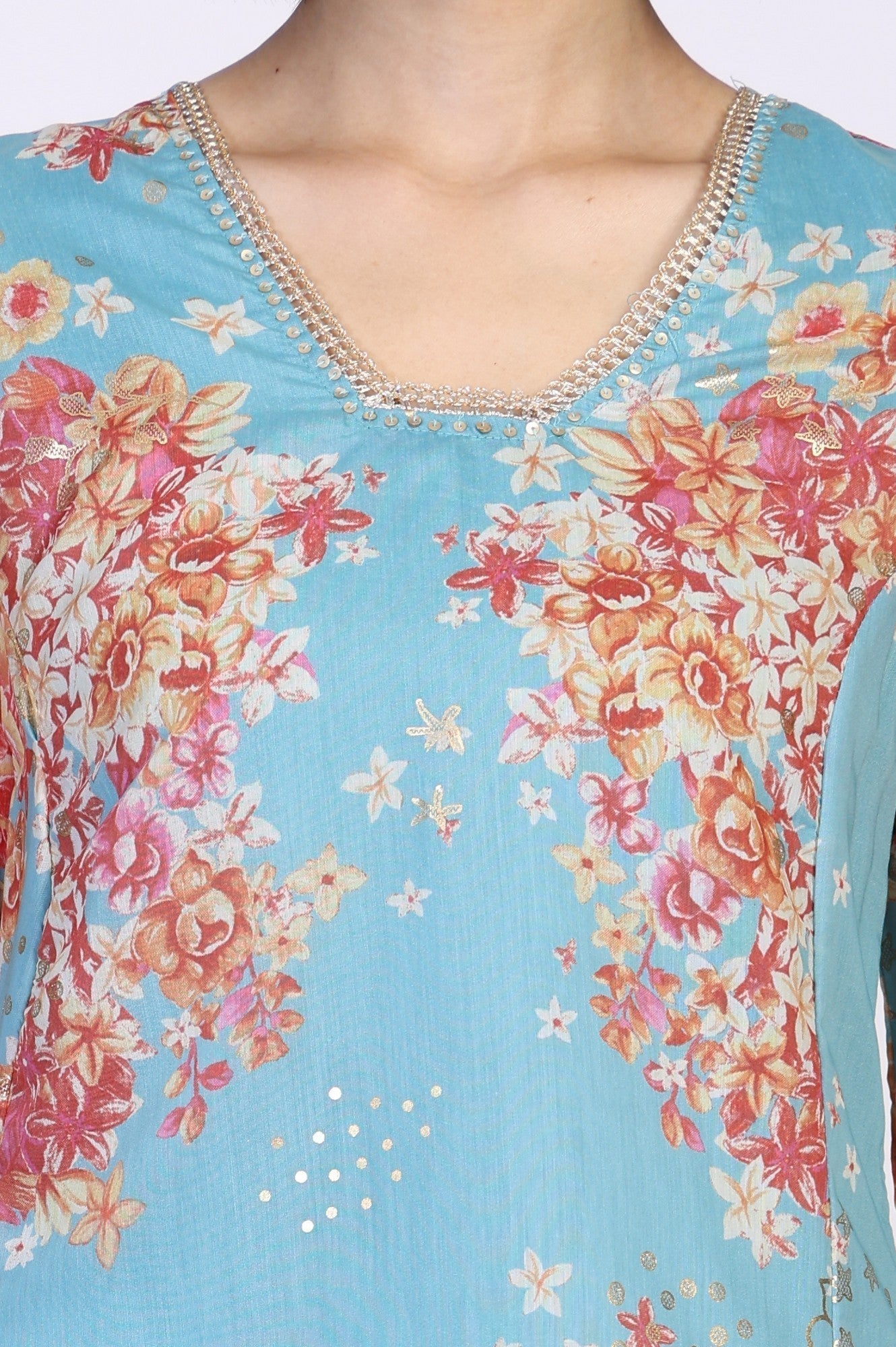 W for Woman Turquoise Blue Floral Print Tape A-Line Chanderi Kurta