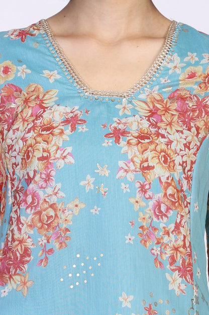 W for Woman Turquoise Blue Floral Print Tape A-Line Chanderi Kurta
